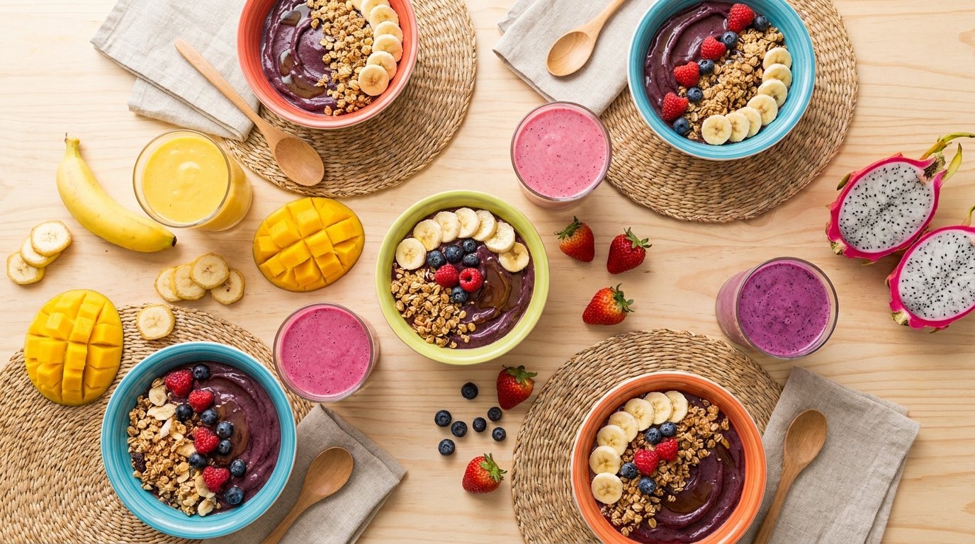 Fresh açaí bowls and tropical fruit